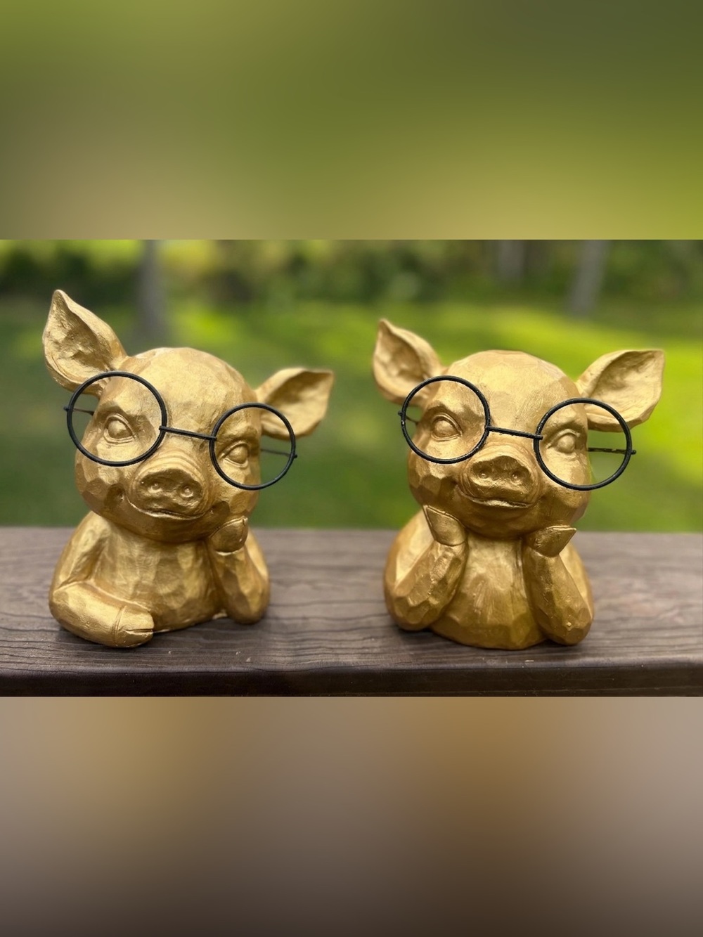 7" Gold Pig with Glasses Bust Figurine Resin Carved Wood Look Farmhouse Decor